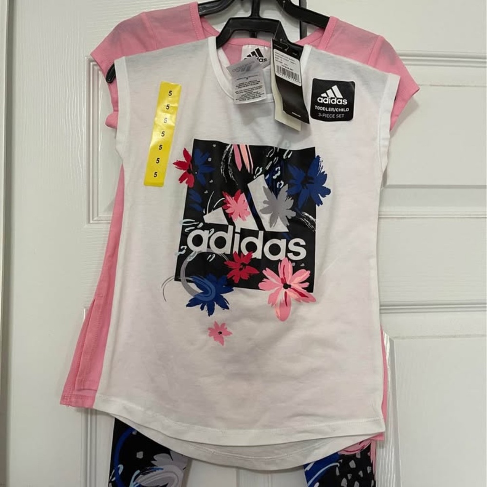 Adidas Little Girl’s 3 Piece Active Clothing Set, 2 Short Sleeve Shirts, 1 Capri